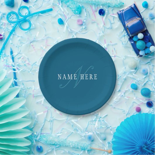 Assiettes En Carton Monogramme élégant | Bleu océan (Fête)