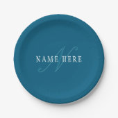 Assiettes En Carton Monogramme élégant | Bleu océan (Devant)