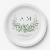 Assiettes En Carton Monogramme Elégant Eucalyptus Mariage de verdure (Devant)