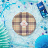 Assiettes En Carton Monogramme, élégant tartan écossais en plaid beige (Fête)