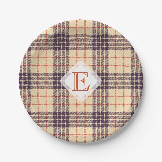 Assiettes En Carton Monogramme, élégant tartan écossais en plaid beige (Devant)