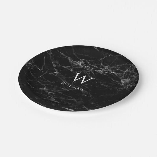 Assiettes En Carton Monogramme en marbre noir Moderne Elégant Nom blan (Angle)