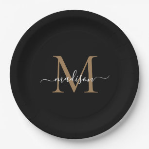 Assiettes En Carton Monogramme en or noir simple Nom du script féminin