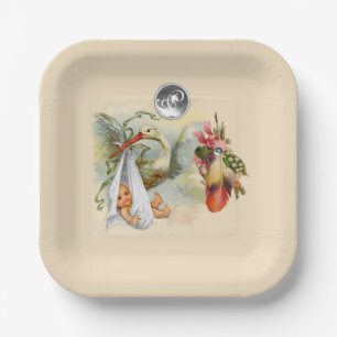 ASSIETTES EN CARTON MONOGRAMME EN PIERRE BLANCHE DU BABY SHOWER NEUTRE