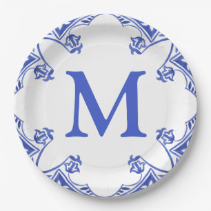 Assiettes En Carton Monogramme en tuiles florales bleues et blanches
