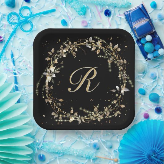 Assiettes En Carton Monogramme En Wirlande Dorée Sur Noir (Fête)