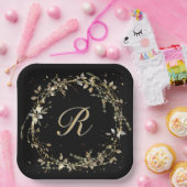 Assiettes En Carton Monogramme En Wirlande Dorée Sur Noir (Fête)
