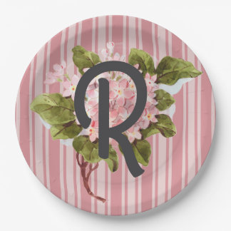 Assiettes En Carton Monogramme et fleurs sur rayures roses