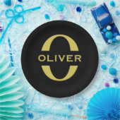 Assiettes En Carton Monogramme Et Nom Noir Et Or Personnalisé (Fête)