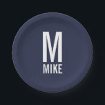 Assiettes En Carton Monogramme et nom personnalisés modernes<br><div class="desc">Design Monogram moderne avec monogramme blanc personnalisé et nom dans le style de police sans serif moderne en bleu marine arrière - plan.</div>