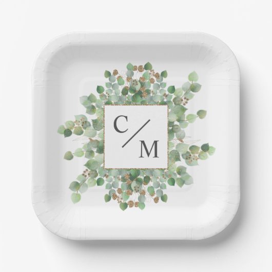 Assiettes En Carton Monogramme Eucalyptus Dizaines de Brownies (Recto)