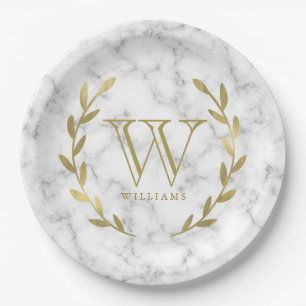 Assiettes En Carton Monogramme Faux Gold Foil sur texture de marbre