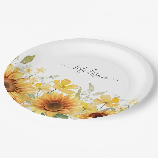 Assiettes En Carton Monogramme Fleur Jaune Tournesol Floral Botanique (Angle)