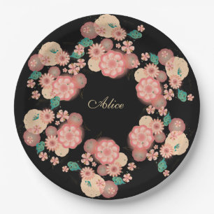 Assiettes En Carton Monogramme Fleurs de Pêche de printemps Jardin Boh