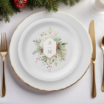 Assiettes En Carton Monogramme floral de Noël tout simplement élégant<br><div class="desc">Cette belle plaque en papier botanique d'hiver comprend des bouquets de roses et de fleurs d'ivoire,  des baies rouges,  des flocons de neige en sapin et en or entourant un élégant étiquette d'or pour votre monogramme sur un arrière - plan gris perle pâle. Inclut les champs de texte modifiables.</div>