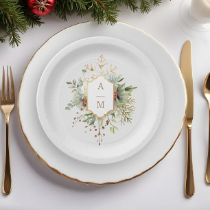 Assiettes En Carton Monogramme floral de Noël tout simplement élégant