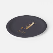 Assiettes En Carton Monogramme floral élégant bleu or personnalisé J  (Angle)