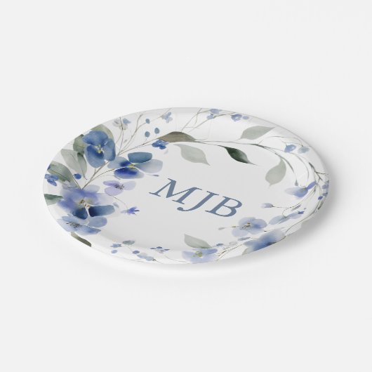 Assiettes En Carton Monogramme Floral Élégant Personnalisé Bleu (Angle)