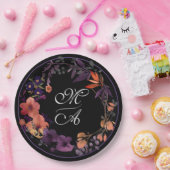 Assiettes En Carton Monogramme floral foncé Goth Mariage plaque de pap (Fête)