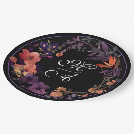 Assiettes En Carton Monogramme floral foncé Goth Mariage plaque de pap (Angle)
