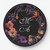 Assiettes En Carton Monogramme floral foncé Goth Mariage plaque de pap (Devant)