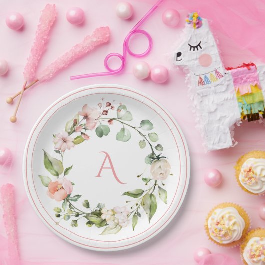 Assiettes En Carton Monogramme floral rose pâle Mariage élégant (Fête)