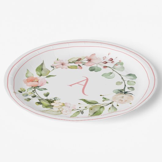 Assiettes En Carton Monogramme floral rose pâle Mariage élégant (Angle)