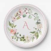 Assiettes En Carton Monogramme floral rose pâle Mariage élégant (Devant)