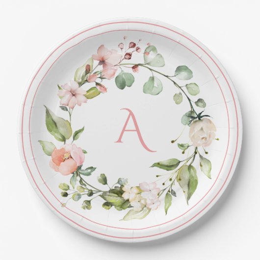 Assiettes En Carton Monogramme floral rose pâle Mariage élégant (Devant)