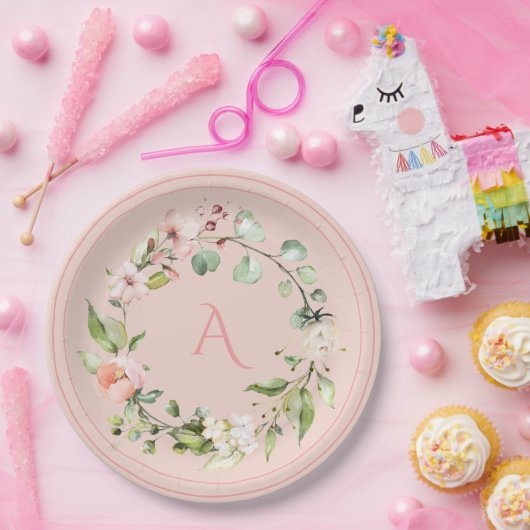 Assiettes En Carton Monogramme floral rose pâle Mariage Papier élégant (Fête)