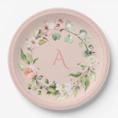 Assiettes En Carton Monogramme floral rose pâle Mariage Papier élégant (Devant)