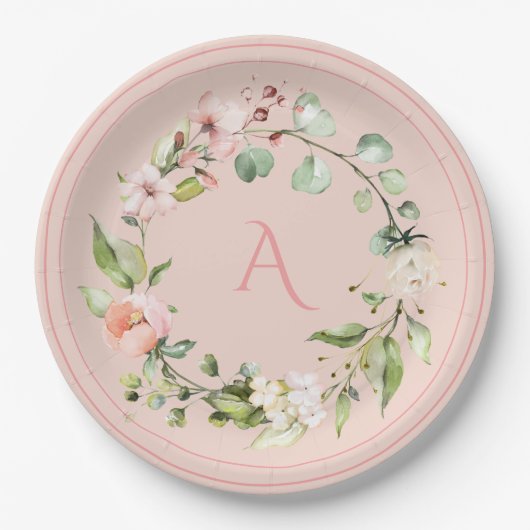 Assiettes En Carton Monogramme floral rose pâle Mariage Papier élégant (Devant)