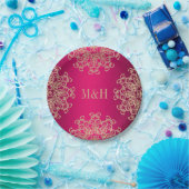 Assiettes En Carton Monogramme Fuchsia et Mariage de style indien or (Fête)