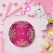 Assiettes En Carton Monogramme Fuchsia et Mariage de style indien or (Fête)