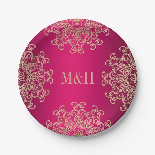 Assiettes En Carton Monogramme Fuchsia et Mariage de style indien or (Devant)
