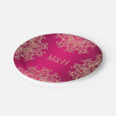 Assiettes En Carton Monogramme Fuchsia et Mariage de style indien or (Angle)