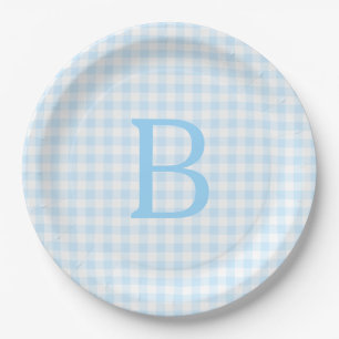 Assiettes En Carton Monogramme Gingham Bleu Pastel et Blanc