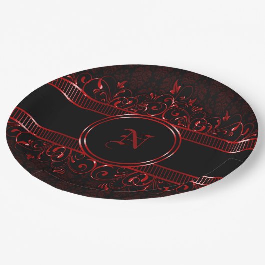 Assiettes En Carton Monogramme gothique orné noir et rouge (Angle)