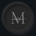 Assiettes En Carton Monogramme gris noir classique Nom du script moder<br><div class="desc">Simple Moderne Gris Noir Monogramme Moderne Feminine Script Nom Plaque de papier</div>
