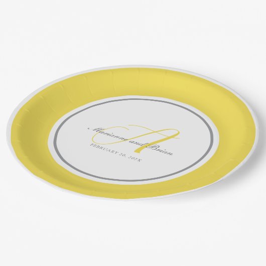 Assiettes En Carton Monogramme illuminant jaune, gris avec blanc (Angle)