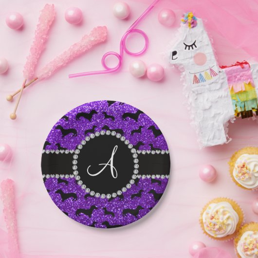 Assiettes En Carton Monogramme indigo violet parties scintillant dachs (Fête)