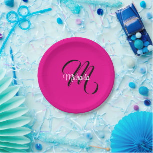 Assiettes En Carton Monogramme initial de nom moderne minimaliste rose