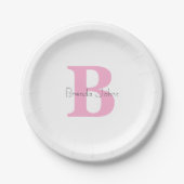Assiettes En Carton Monogramme Initiales Baby shower rose Nom personna (Devant)