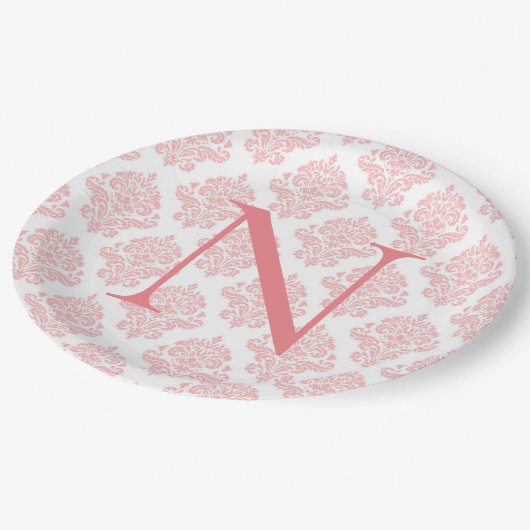 Assiettes En Carton Monogramme Initiales Damask Pastel Peach (Angle)