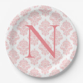 Assiettes En Carton Monogramme Initiales Damask Pastel Peach (Devant)