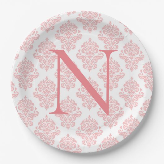 Assiettes En Carton Monogramme Initiales Damask Pastel Peach (Devant)
