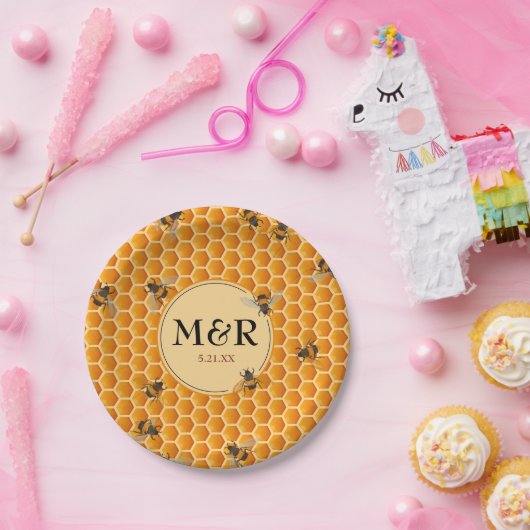 Assiettes En Carton Monogramme Initiales Honeypeb Bees Gold (Fête)
