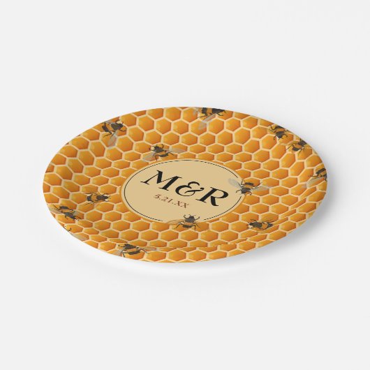 Assiettes En Carton Monogramme Initiales Honeypeb Bees Gold (Angle)