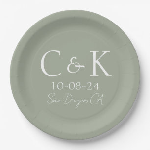 Assiettes En Carton Monogramme Initiales Sage Green Mariage