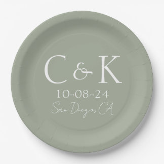 Assiettes En Carton Monogramme Initiales Sage Green Mariage